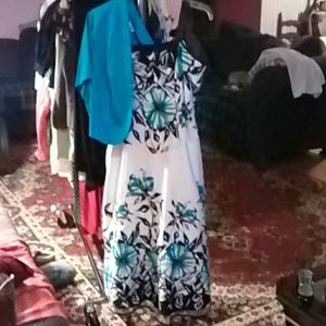 Dress, white, black & teal floral. size 14