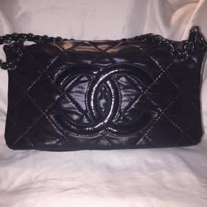 Black C C quilted, patent, with short chain strap