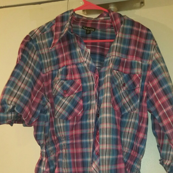 Cute Pink & Blue Plaid Button Up - Picture 1 of 2