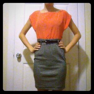 Dress. Coral top and striped skirt