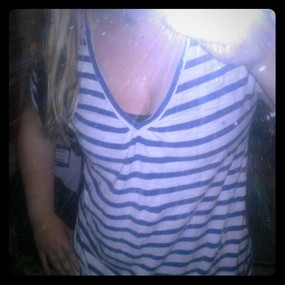 White and blue striped V Neck