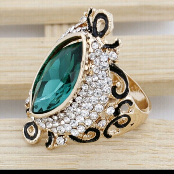 Sapphire and Rhinestones Gold Filled Ring Size 9.5