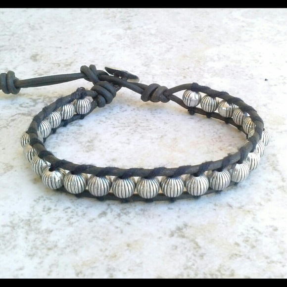 Stamped Silver Metal Beads Wrap Leather Bracelet