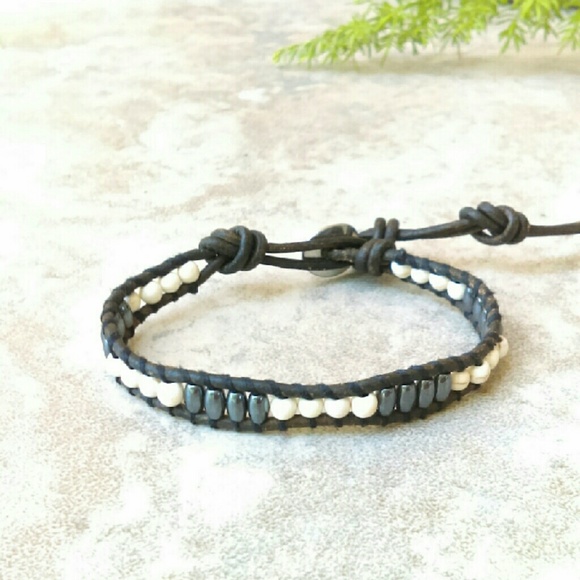 Hematite & Howlite Single Wrap Leather Bracelet