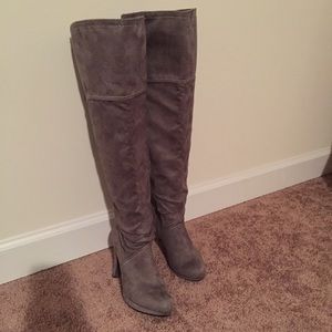 Grey suede/velvet over-the-knee boots