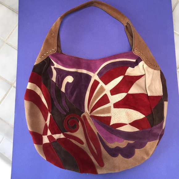 Lucky suede leather hobo, tan purple red