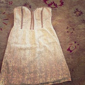 Strapless white lace with brown trim dress