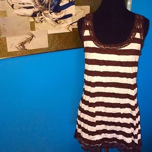 Brown & Ivory Striped Racer Back Tank w: Lace Trim