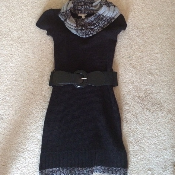 Pink rose-- black sweater dress