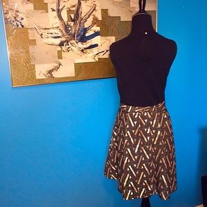 Black & Tan Dress w Stylish Flare Lace Skirt