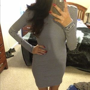 navy blue and white striped long sleeve dress