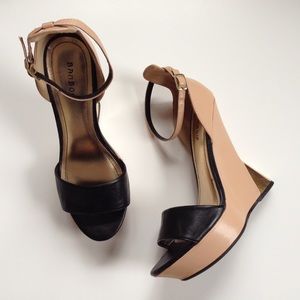 Black and Blush Ankle Strap Heel-Less Wedge