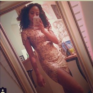 Gold party dress with cut outs