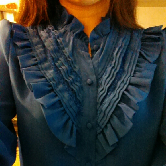 Blue vintage ruffle silk button up - Picture 3 of 3