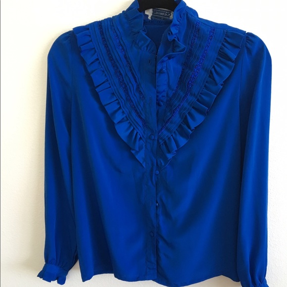 Blue vintage ruffle silk button up - Picture 2 of 3