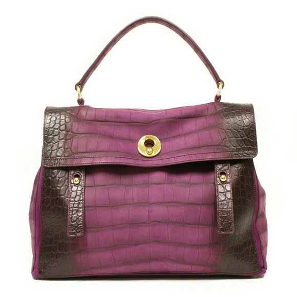 YSL Muse Two Large Purple Croc Embossed Satchel