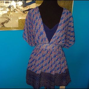Blue Patterned V Neck Blouse