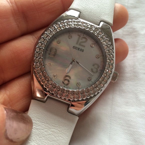 Rhinestone + white leather watch