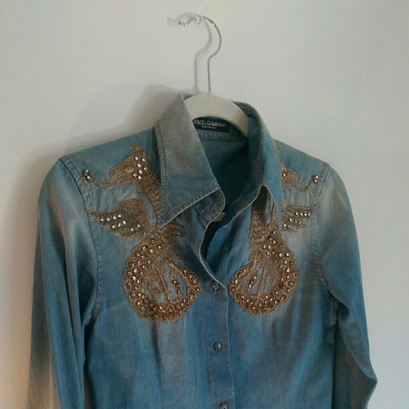 Dolce & Gabbana Chambray Blouse with Gold Accents
