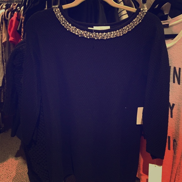 Hinge open back jeweled collar sweater