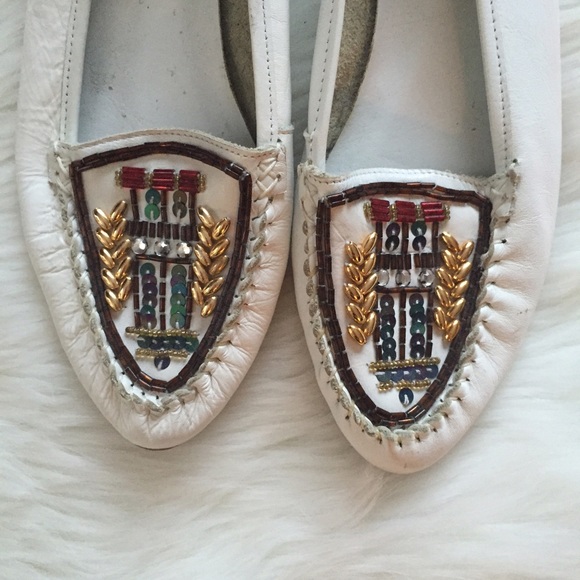 White Vintage Leather Beaded Shoes