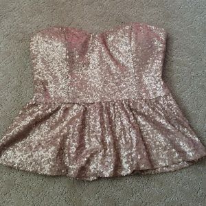 Beige Sequin Cropped Peplum Tube Top