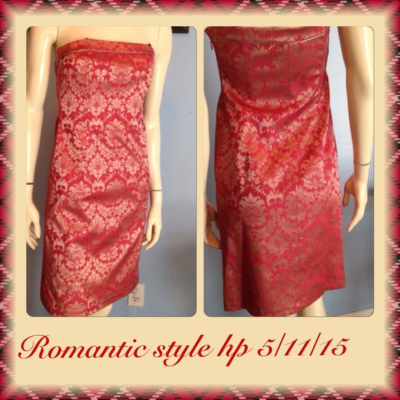 Rose pink and gold paisley brocade strapless dress - Picture 2 of 4