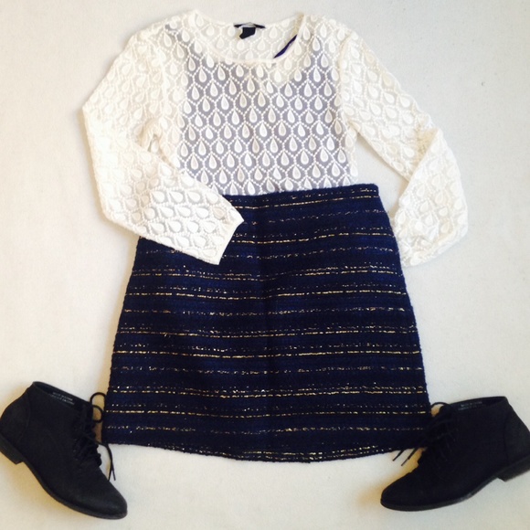LOFT Navy wool skirt with gold stitching - Picture 1 of 4