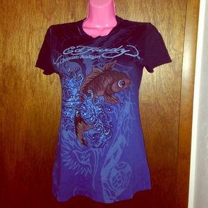 Ed Hardy Jeweled Blue Koi Fish T-Shirt