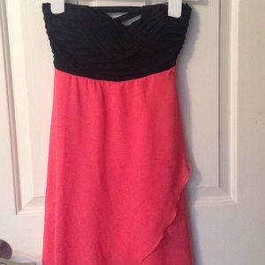 coral and black high low semi-formal dress