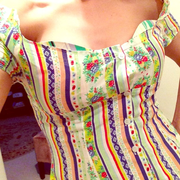 Versace floral print off the shoulder blouse.