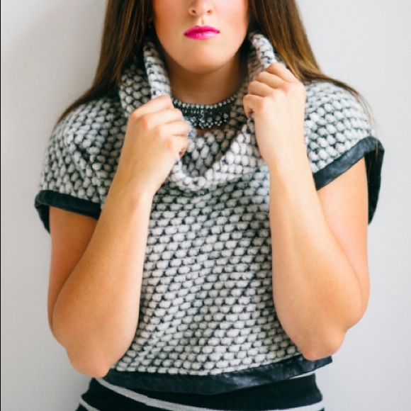 Mai Wang Sweaters - Mai Wang Cropped Woven Wool Leather Trim Top