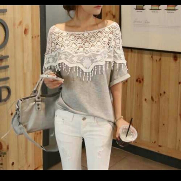 Grey Tee with Elegant Lace Shoulders and Neckline!