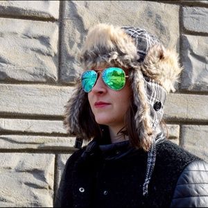 Black Plaid & Fur Trapper Hat