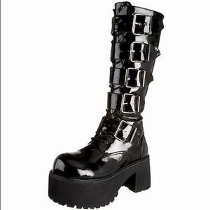 Black goth Demonia knee high buckle boots