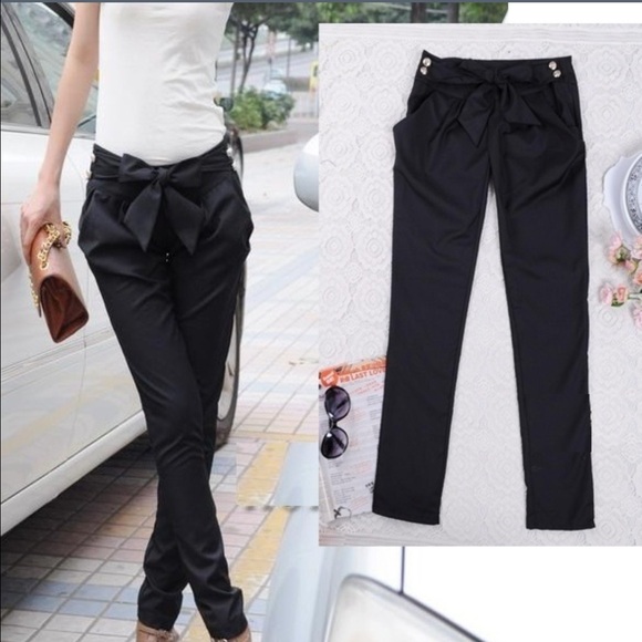 Black Skinny Trousers with Bow Tie and Pockets