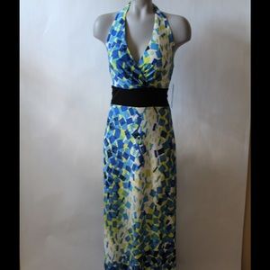 NWT Blue, Yellow, Black, Cream Halter Maxi Dress