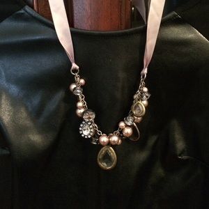 Necklace w/ taupe pearls, crystals & gems