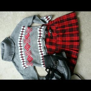 Grey lg. Sweater and red skater skirt