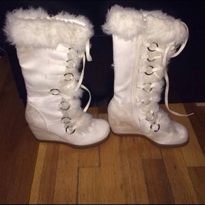 Winter White Suede Furry Wedge