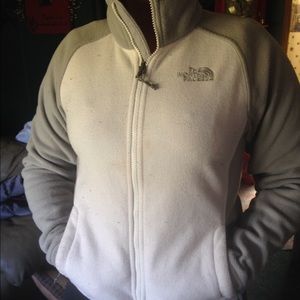 Gray and white North Face fleece jacket