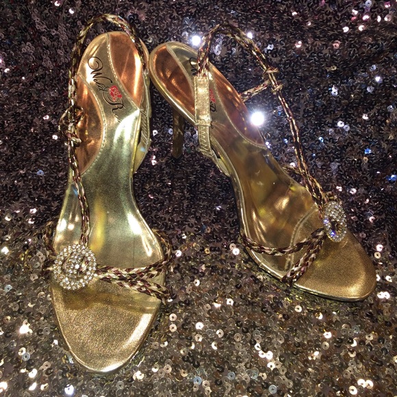 Wild🌹Rose Shoes - Dazzling Gold Multi-tone Heels W/Rhinestone Buckle