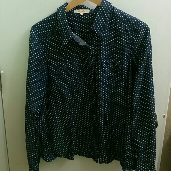 Chambray polka dot woven long sleeve blouse