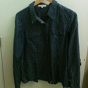 Chambray polka dot woven long sleeve blouse