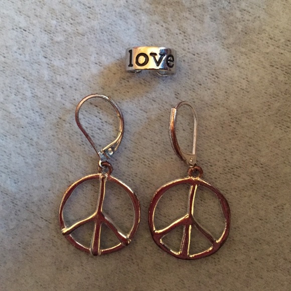 "Love" cuff and peace sign dangle earrings
