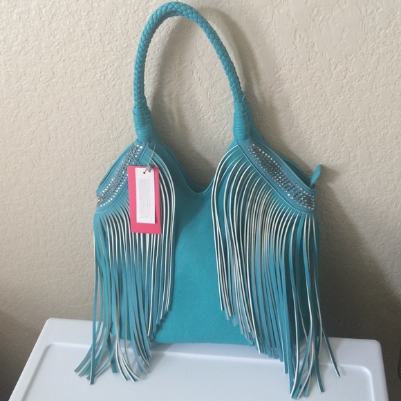 Teal shoulder purse with fringe
