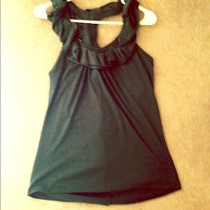 Green frilly top. Beautiful.