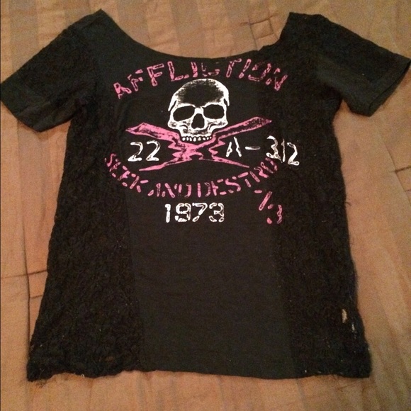 Affliction lace & cotton black top S