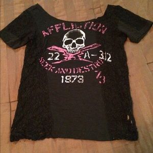 Affliction lace & cotton black top S