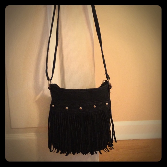 Black suede fringe cross body